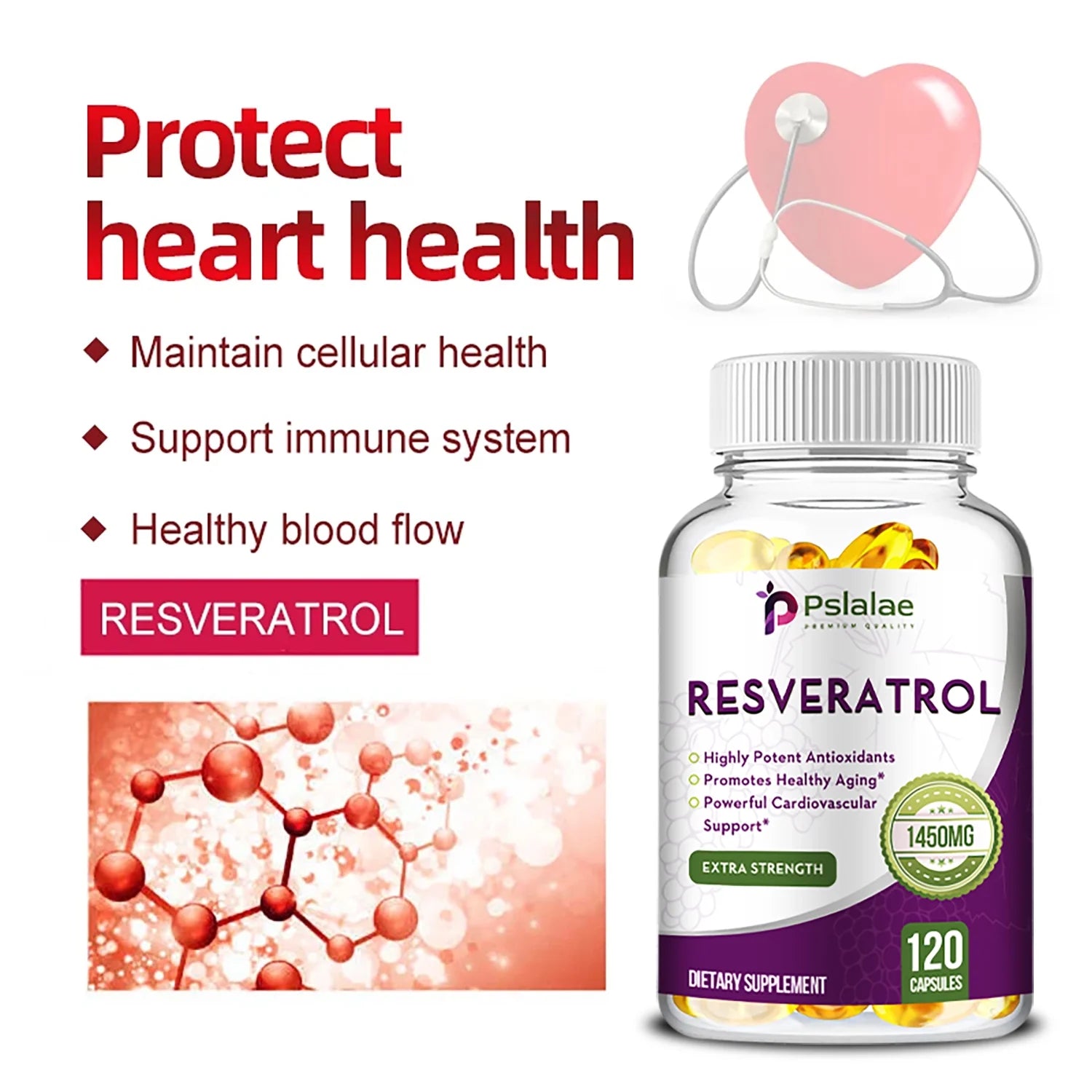 Pslalae Resveratrol 1450Mg - anti Agingm, Brain, Skin and Cardiovascular Health 120Pcs (1/3/5 Pack)