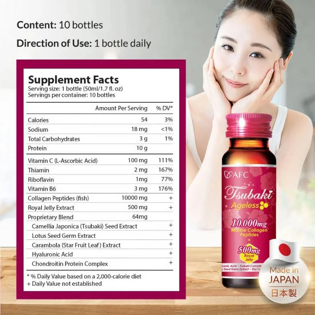 AFC Japan Tsubaki Ageless Beauty Collagen Drink from Japan with 10,000Mg Marine Collagen Peptides + 500Mg Royal Jelly + Hyaluronic Acid + Vitamin Bs & C for Skin Revitalization (1.69Fl.Ozx10Sx3)