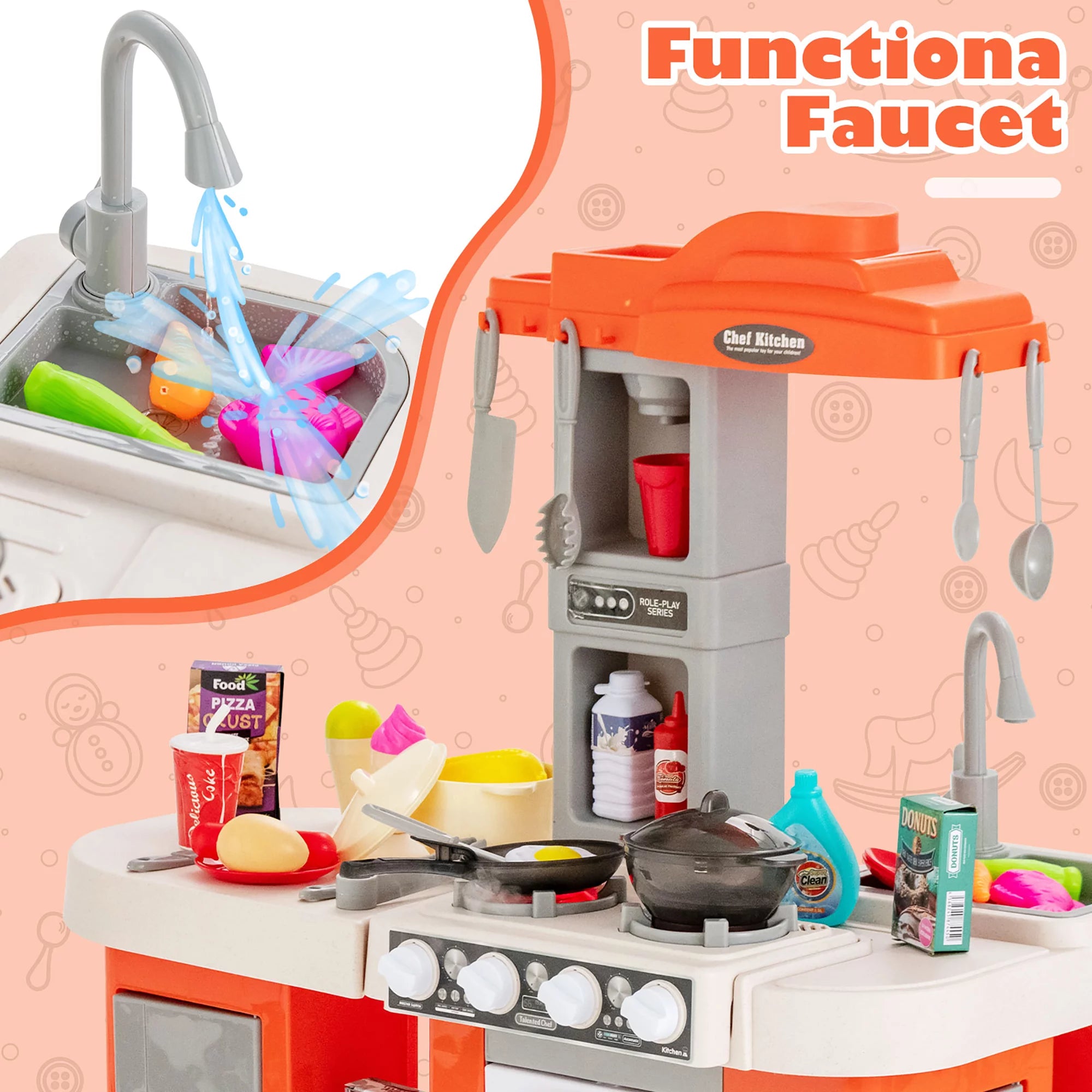 Play Kitchen Set 67 PCS Kitchen Toy for Kids W/Food &Realistic Lights & Sounds Orange