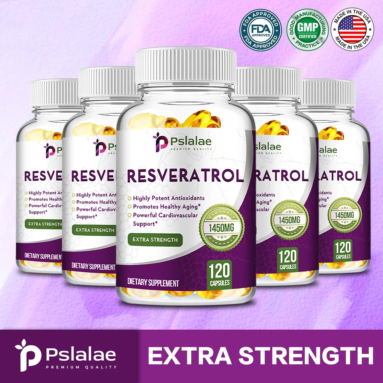 Pslalae Resveratrol 1450Mg - anti Agingm, Brain, Skin and Cardiovascular Health 120Pcs (1/3/5 Pack)