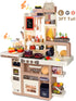 Play Kitchen Set for Kids, 3FT Tall Kids Play Kitchen with Realistic Lights and Sounds, Simulation of Spray, 88Pcs Toy Kitchen Set for Toddlers Girls Boys Gift - Large (Khaki)