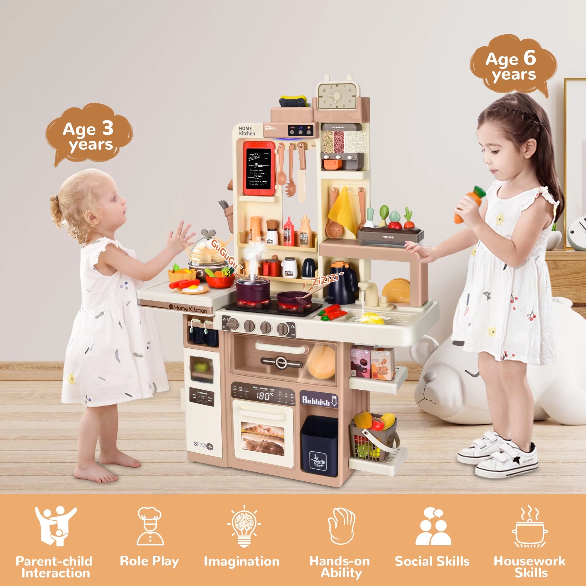 Play Kitchen Set for Kids, 3FT Tall Kids Play Kitchen with Realistic Lights and Sounds, Simulation of Spray, 88Pcs Toy Kitchen Set for Toddlers Girls Boys Gift - Large (Khaki)