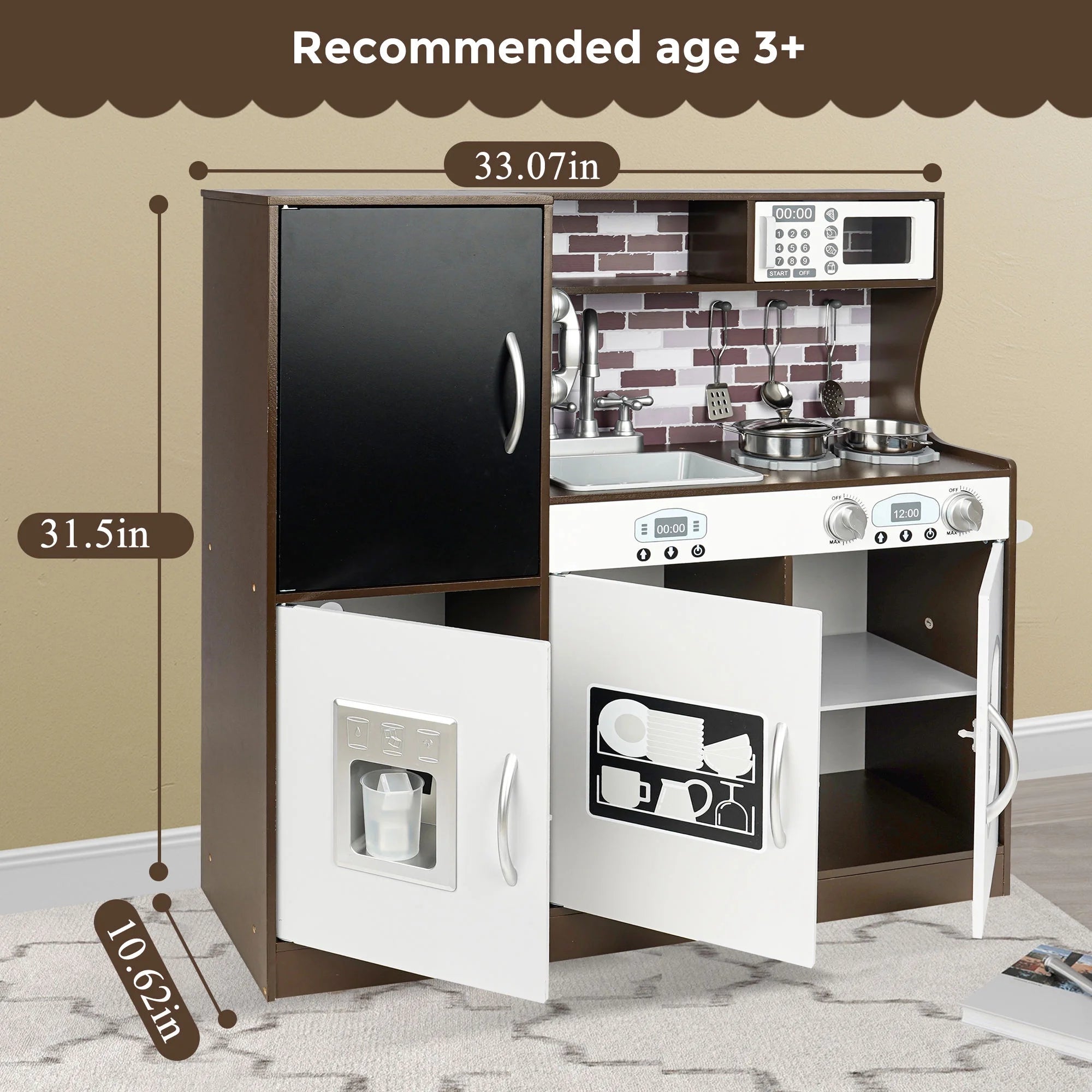 Play Kitchen, Wooden with Chalkboard, Ice Maker, Play Phone, Cookware Accessories, Microwave Toy Kitchen Gift for Boys Girls Age 3-8 Espresso