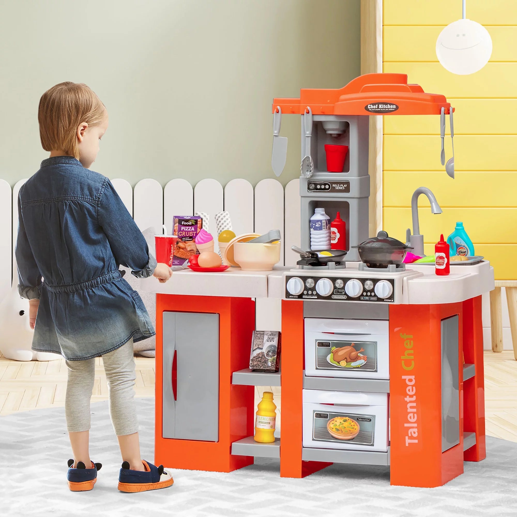 Play Kitchen Set 67 PCS Kitchen Toy for Kids W/Food &Realistic Lights & Sounds Orange