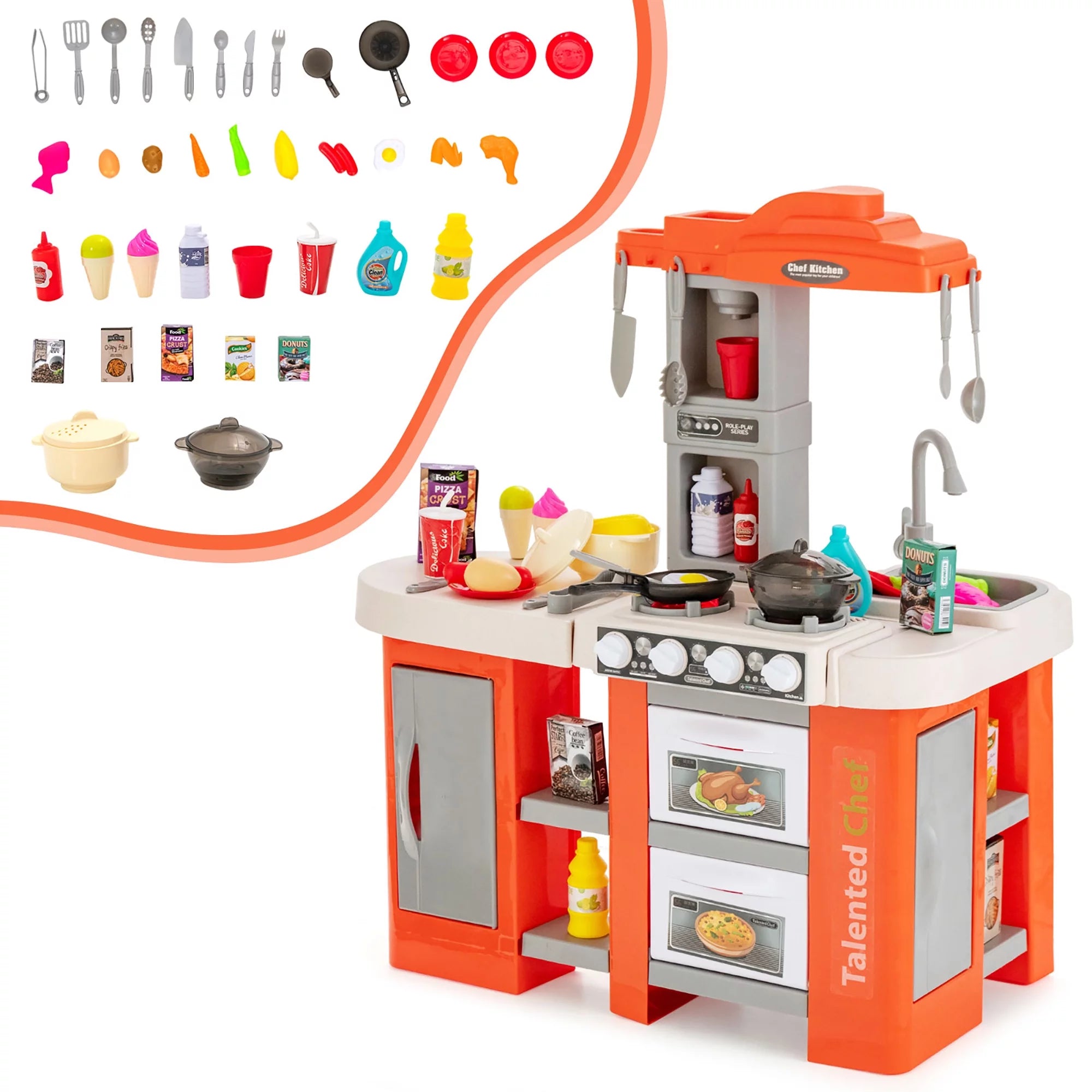 Play Kitchen Set 67 PCS Kitchen Toy for Kids W/Food &Realistic Lights & Sounds Orange