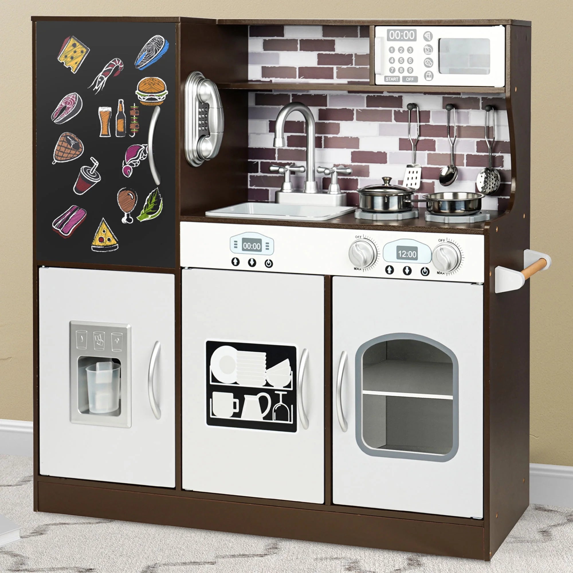 Play Kitchen, Wooden with Chalkboard, Ice Maker, Play Phone, Cookware Accessories, Microwave Toy Kitchen Gift for Boys Girls Age 3-8 Espresso
