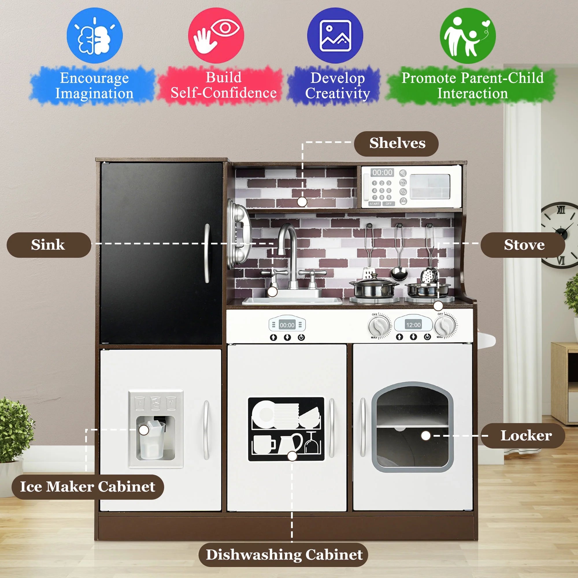 Play Kitchen, Wooden with Chalkboard, Ice Maker, Play Phone, Cookware Accessories, Microwave Toy Kitchen Gift for Boys Girls Age 3-8 Espresso
