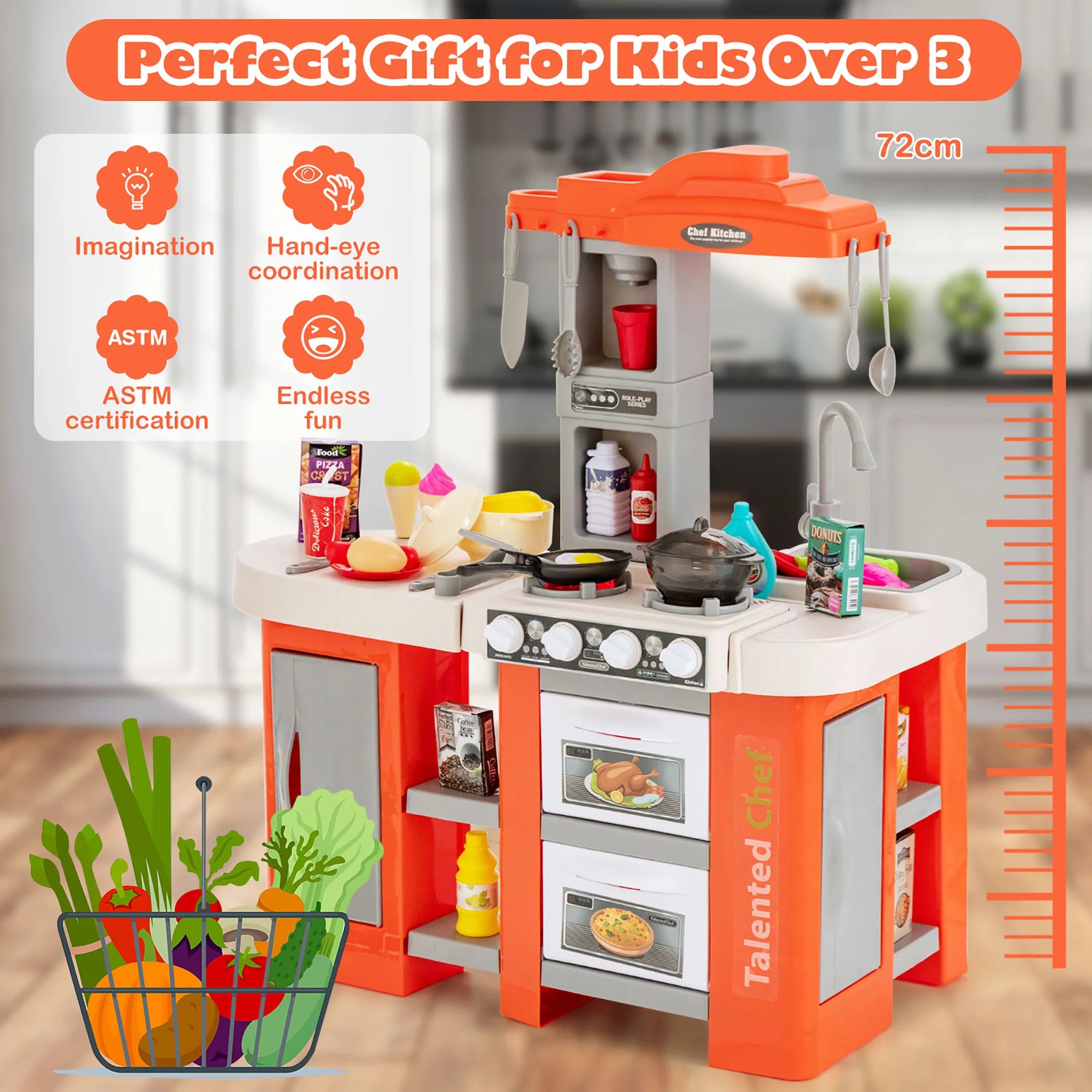 Play Kitchen Set 67 PCS Kitchen Toy for Kids W/Food &Realistic Lights & Sounds Orange