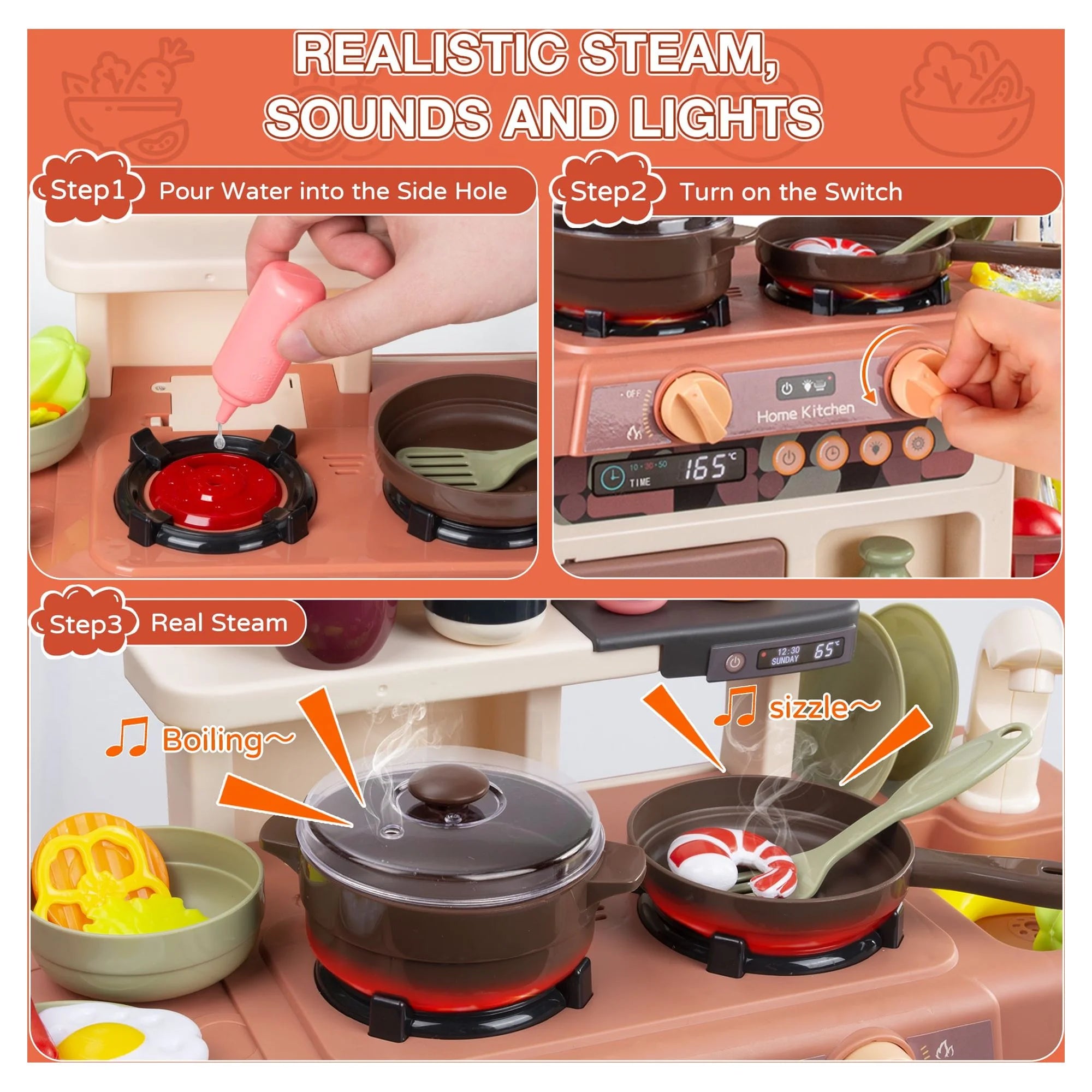 Play Kitchen Set for Kids, 2.1FT Tall Kids Play Kitchen with Realistic Lights and Sounds, Simulation of Spray, 42Pcs Toy Kitchen Set for Toddlers Girls Boys Gift - Small (Orange Red)
