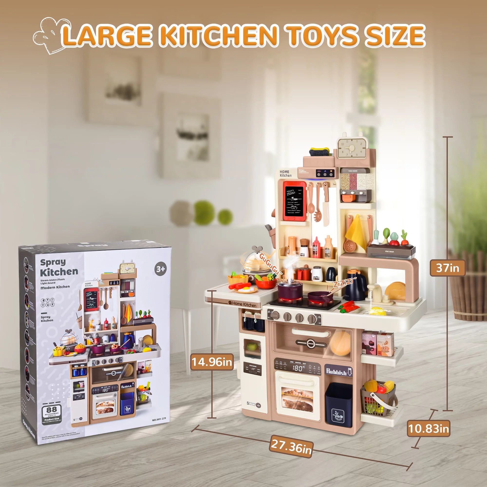 Play Kitchen Set for Kids, 3FT Tall Kids Play Kitchen with Realistic Lights and Sounds, Simulation of Spray, 88Pcs Toy Kitchen Set for Toddlers Girls Boys Gift - Large (Khaki)