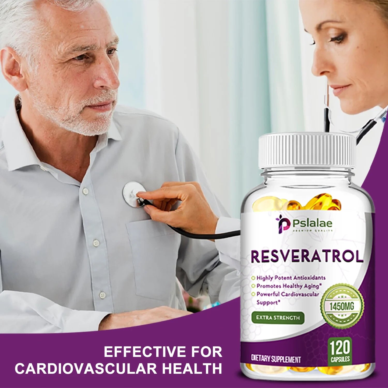 Pslalae Resveratrol 1450Mg - anti Agingm, Brain, Skin and Cardiovascular Health 120Pcs (1/3/5 Pack)