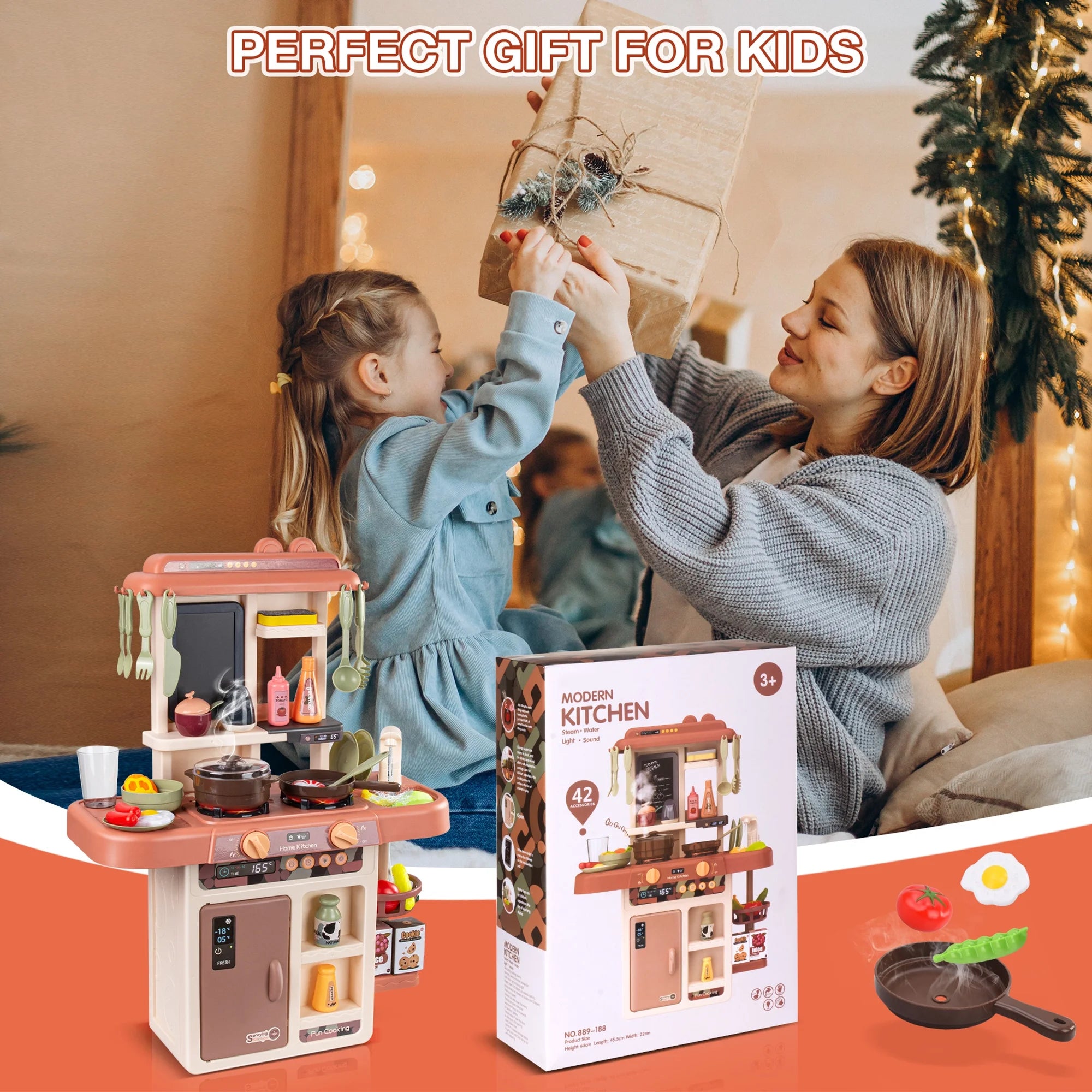 Play Kitchen Set for Kids, 2.1FT Tall Kids Play Kitchen with Realistic Lights and Sounds, Simulation of Spray, 42Pcs Toy Kitchen Set for Toddlers Girls Boys Gift - Small (Orange Red)