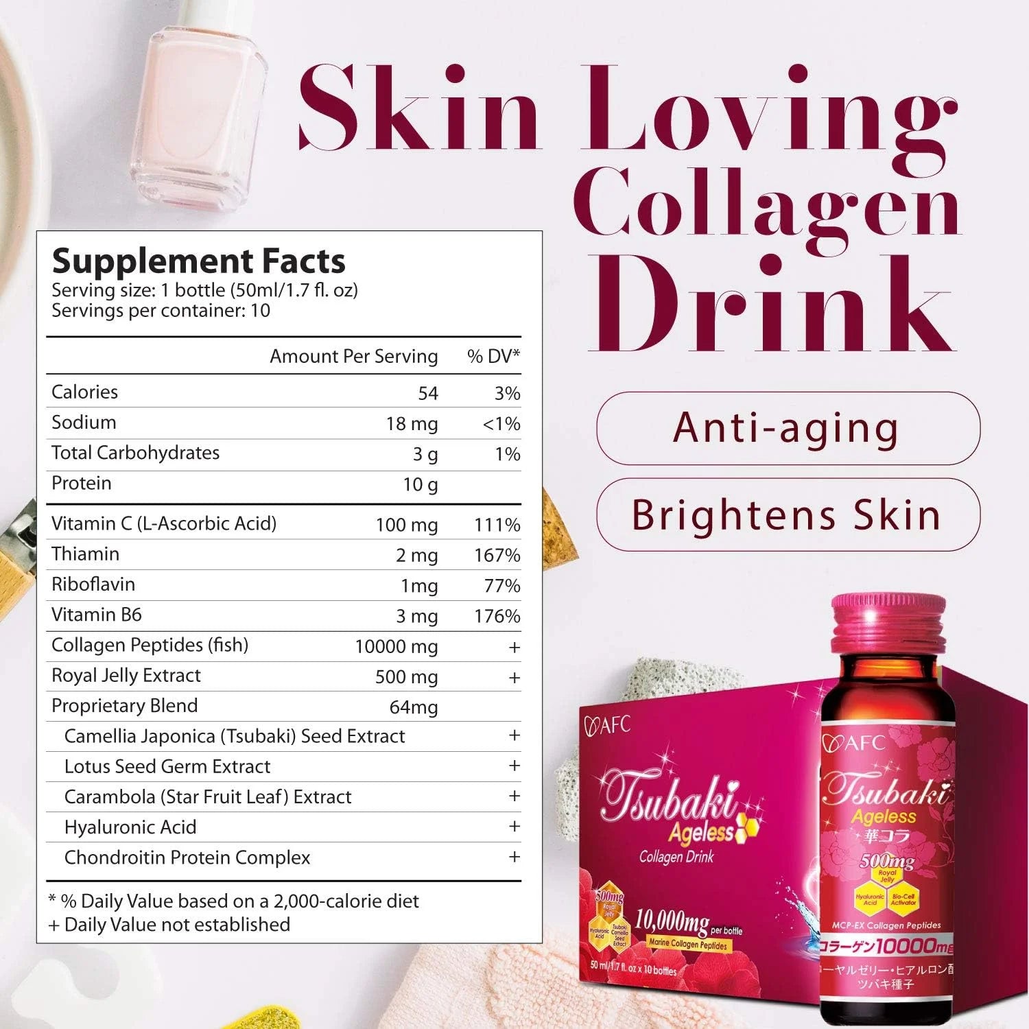 AFC Japan Tsubaki Ageless Beauty Collagen Drink from Japan with 10,000Mg Marine Collagen Peptides + 500Mg Royal Jelly + Hyaluronic Acid + Vitamin Bs & C for Skin Revitalization (1.69Fl.Ozx10Sx3)