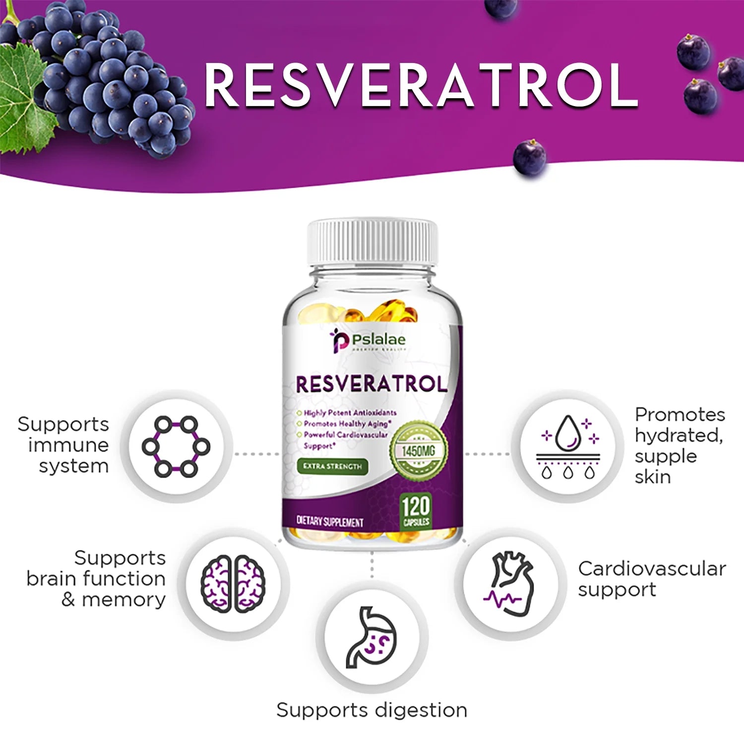 Pslalae Resveratrol 1450Mg - anti Agingm, Brain, Skin and Cardiovascular Health 120Pcs (1/3/5 Pack)