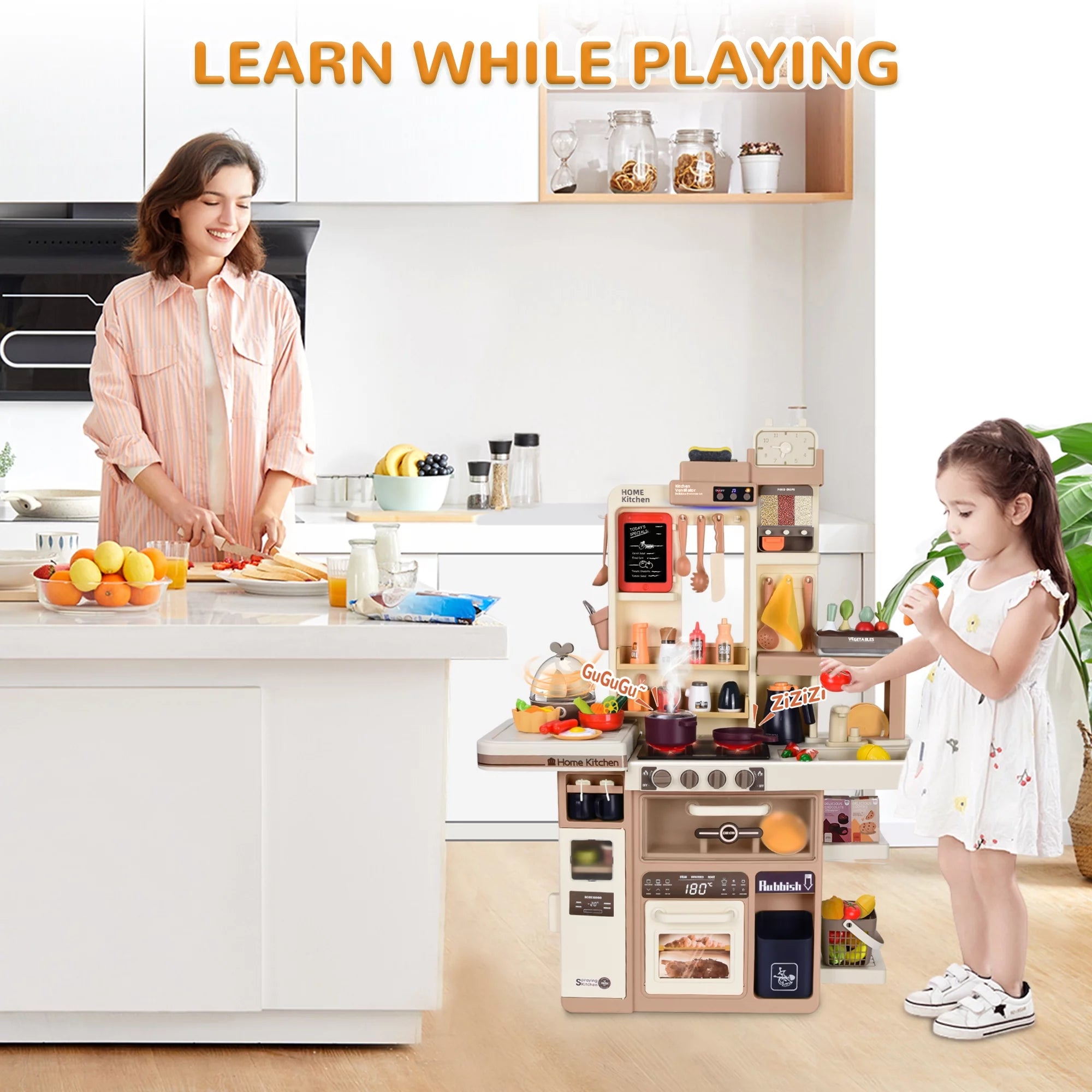 Play Kitchen Set for Kids, 3FT Tall Kids Play Kitchen with Realistic Lights and Sounds, Simulation of Spray, 88Pcs Toy Kitchen Set for Toddlers Girls Boys Gift - Large (Khaki)