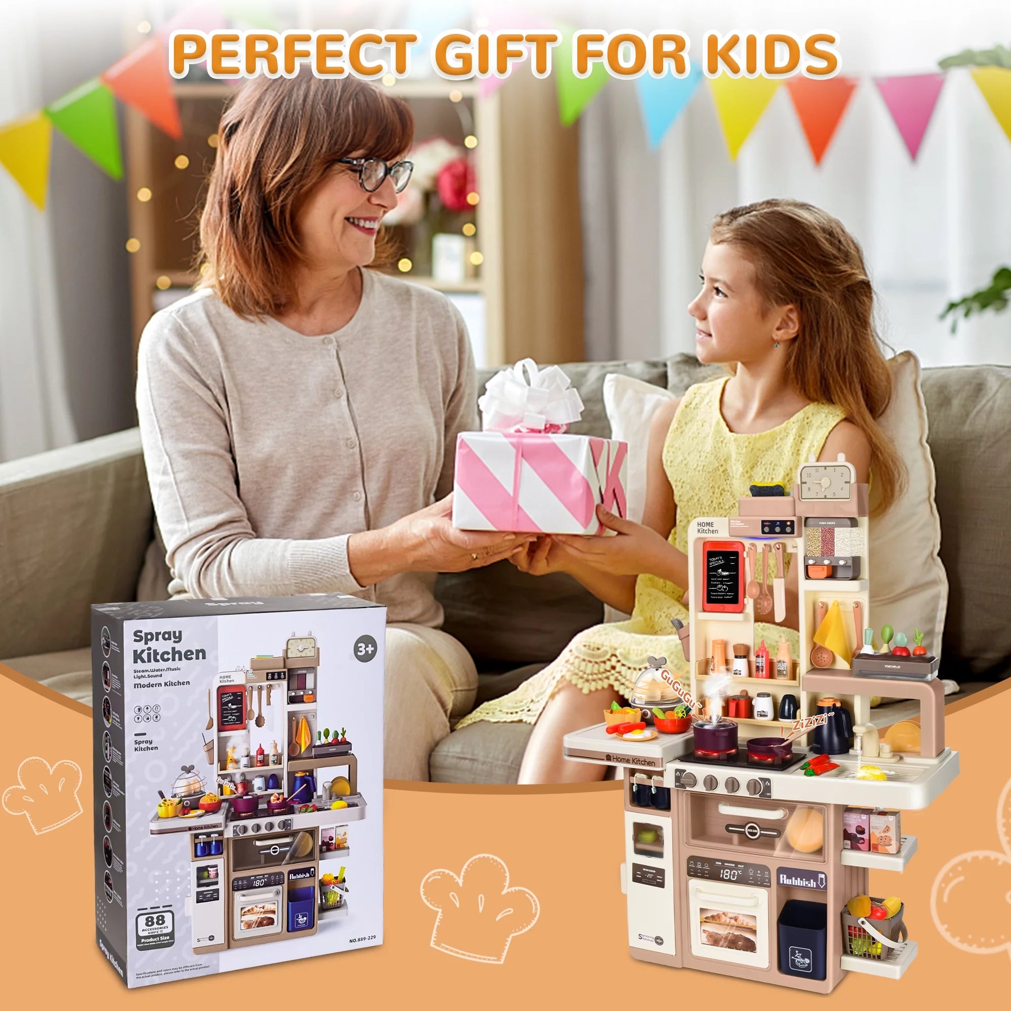 Play Kitchen Set for Kids, 3FT Tall Kids Play Kitchen with Realistic Lights and Sounds, Simulation of Spray, 88Pcs Toy Kitchen Set for Toddlers Girls Boys Gift - Large (Khaki)