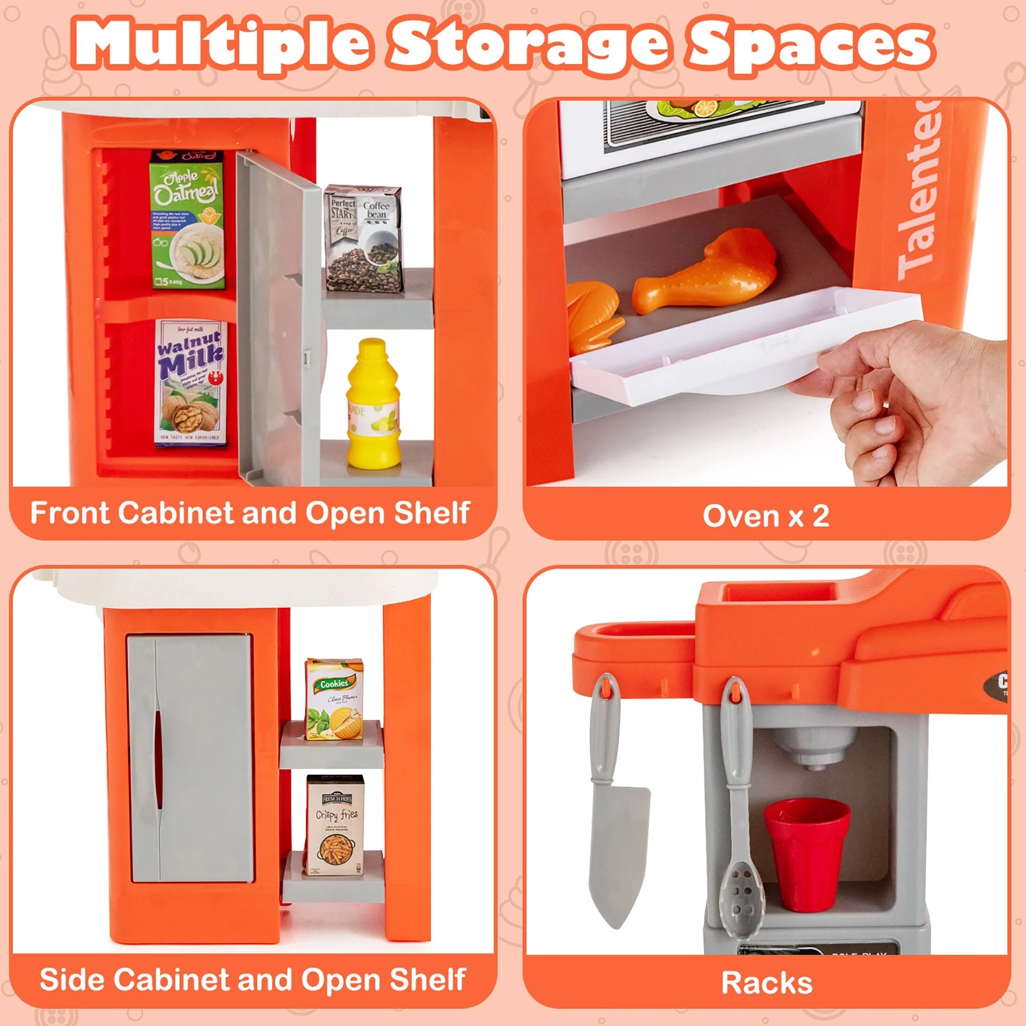 Play Kitchen Set 67 PCS Kitchen Toy for Kids W/Food &Realistic Lights & Sounds Orange