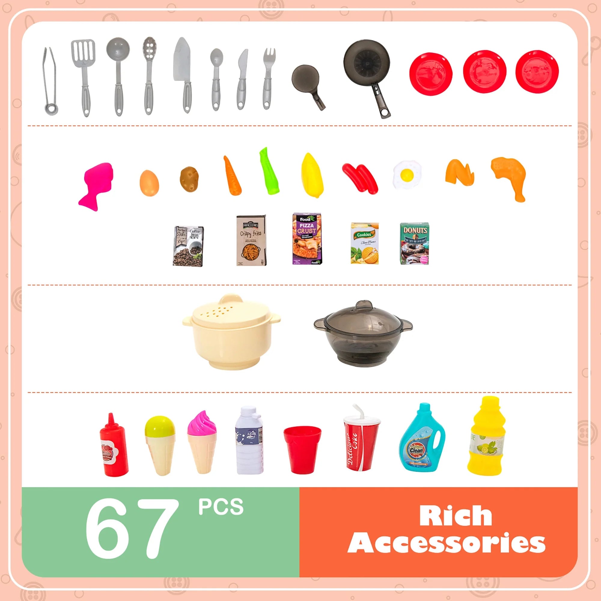 Play Kitchen Set 67 PCS Kitchen Toy for Kids W/Food &Realistic Lights & Sounds Orange