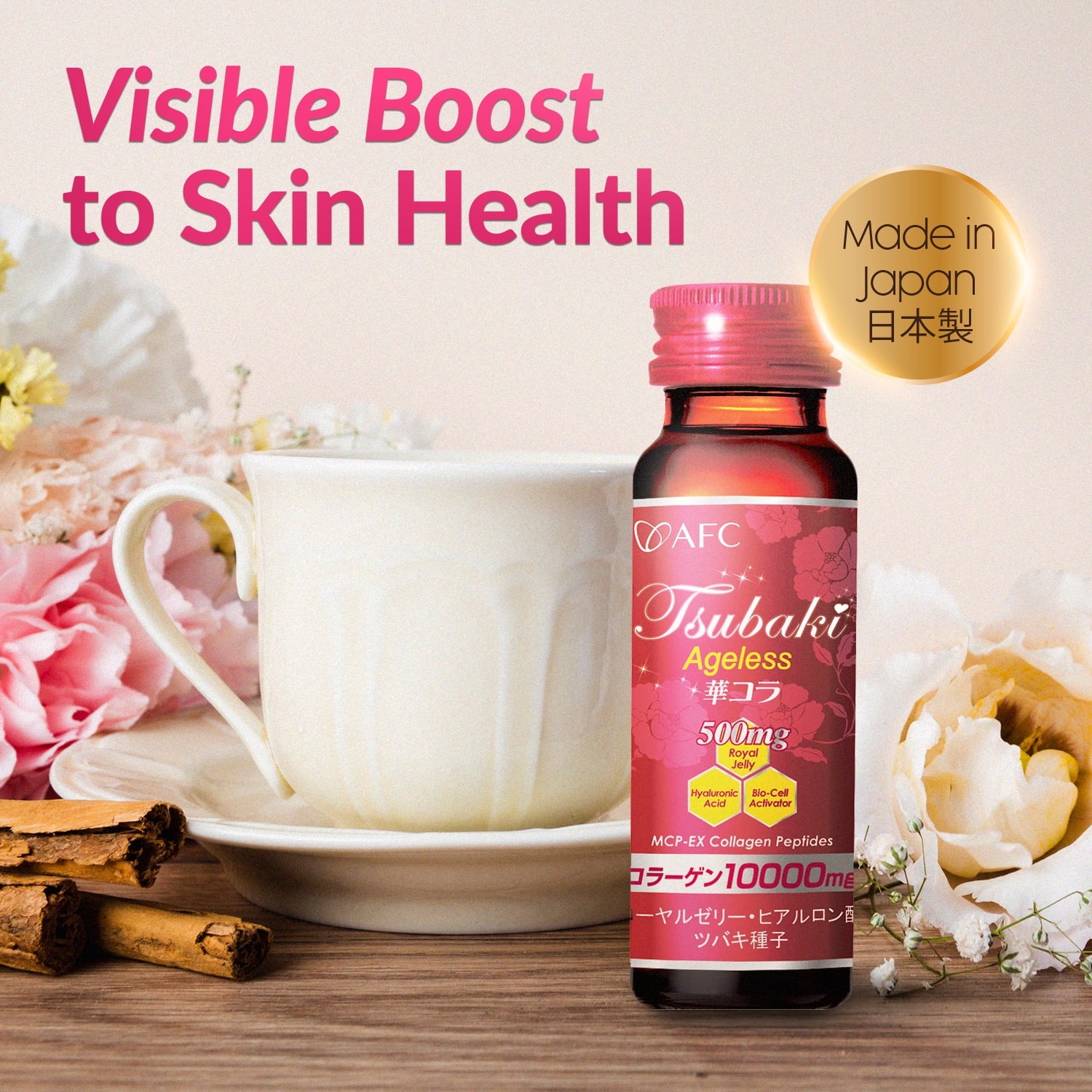 AFC Japan Tsubaki Ageless Beauty Collagen Drink from Japan with 10,000Mg Marine Collagen Peptides + 500Mg Royal Jelly + Hyaluronic Acid + Vitamin Bs & C for Skin Revitalization (1.69Fl.Ozx10Sx3)