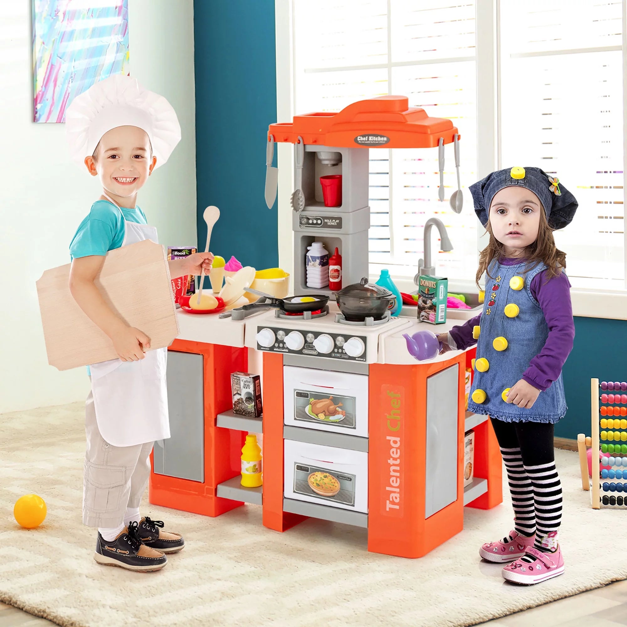 Play Kitchen Set 67 PCS Kitchen Toy for Kids W/Food &Realistic Lights & Sounds Orange