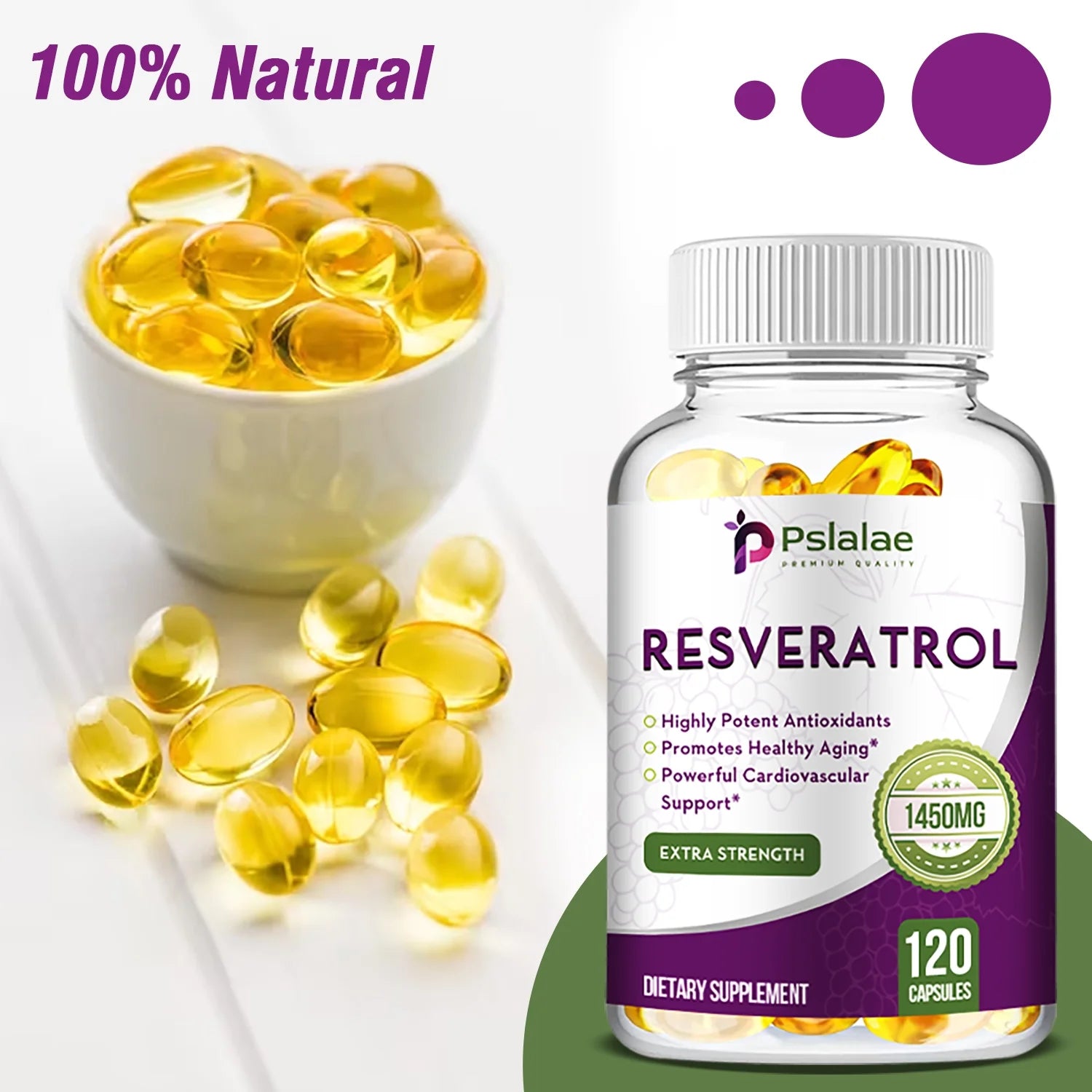 Pslalae Resveratrol 1450Mg - anti Agingm, Brain, Skin and Cardiovascular Health 120Pcs (1/3/5 Pack)