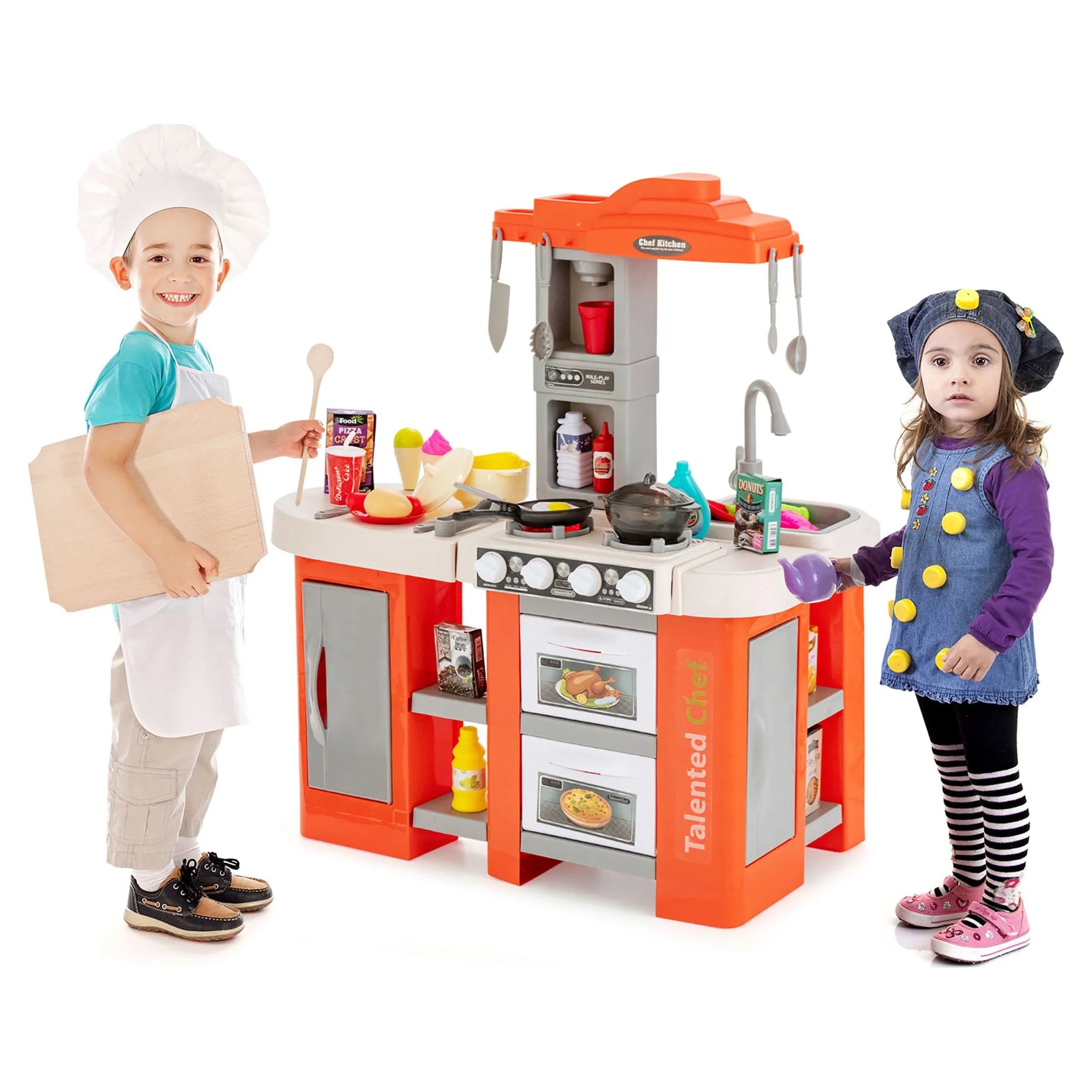 Play Kitchen Set 67 PCS Kitchen Toy for Kids W/Food &Realistic Lights & Sounds Orange