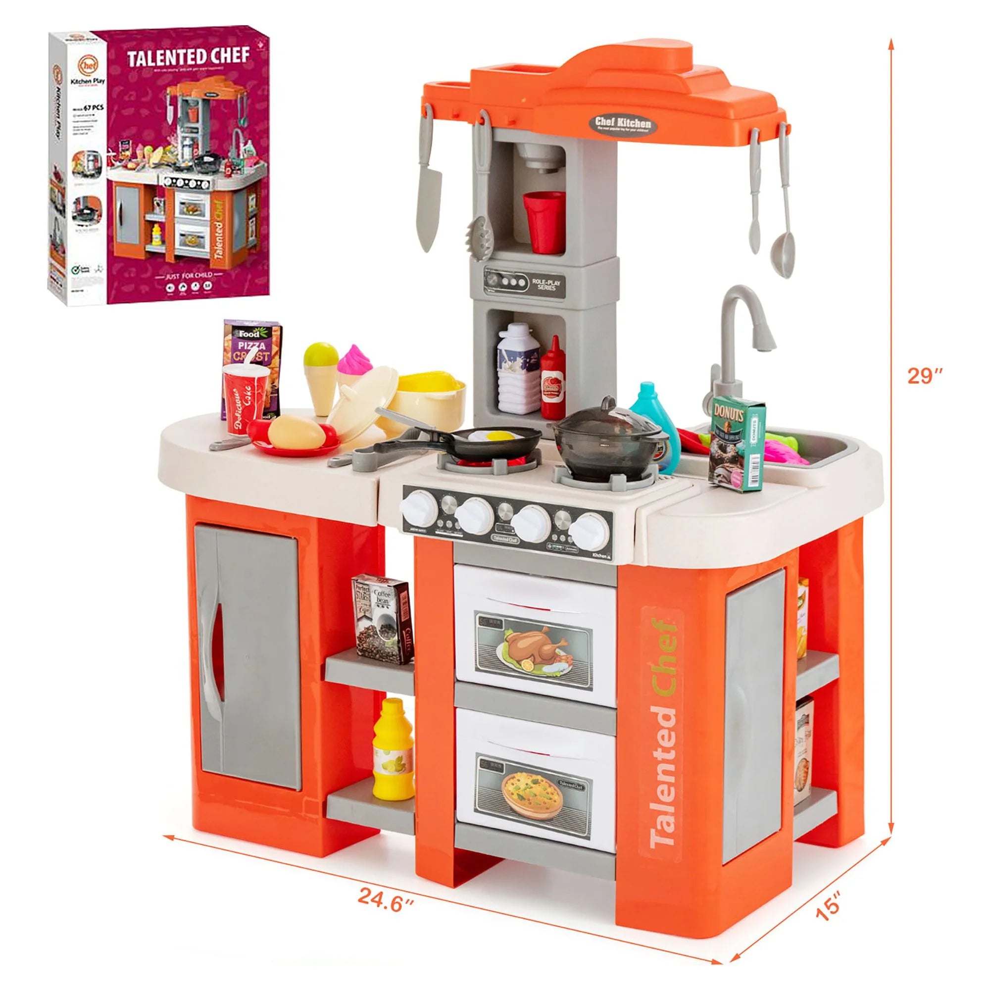 Play Kitchen Set 67 PCS Kitchen Toy for Kids W/Food &Realistic Lights & Sounds Orange