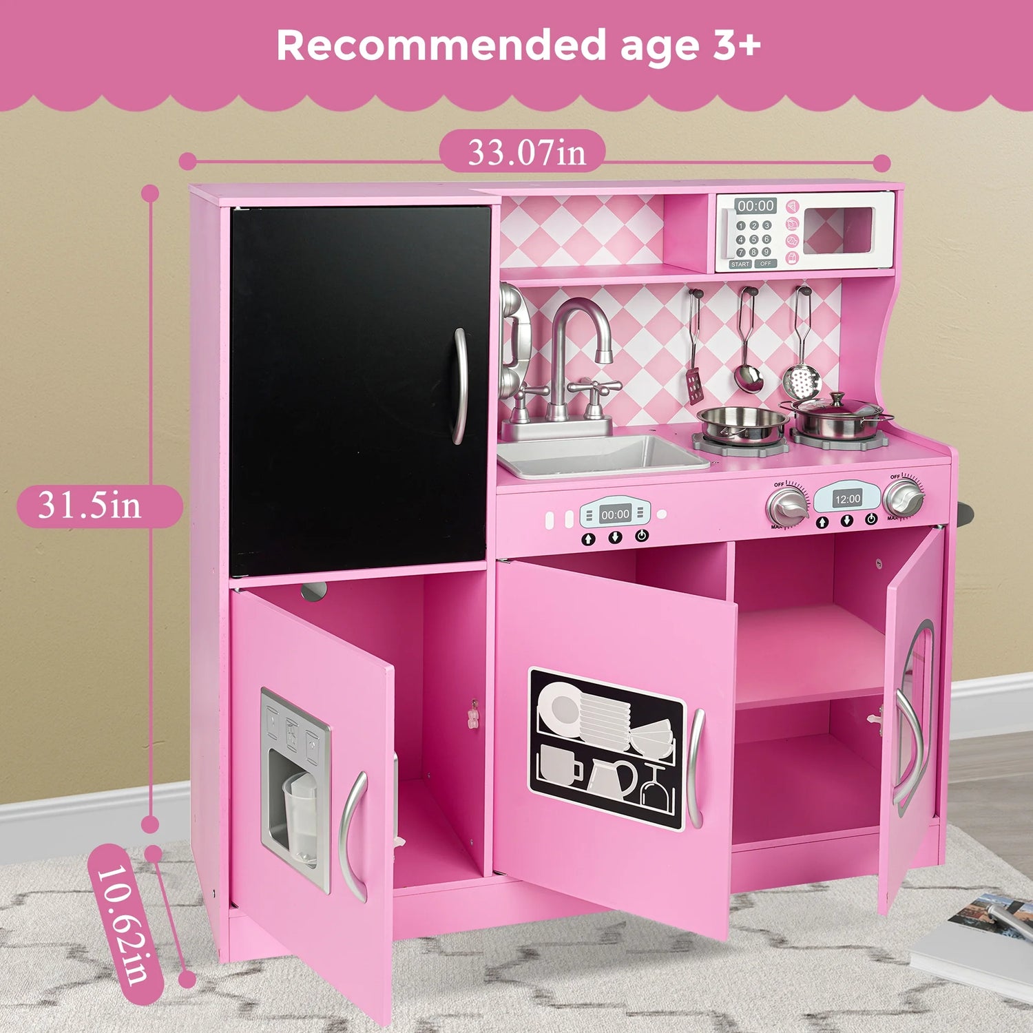 Play Kitchen, Wooden  with Chalkboard, Ice Maker, Play Phone, Cookware Accessories, Microwave Toy Kitchen Gift for Boys Girls Age 3-8 Pink