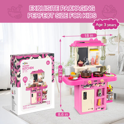 Play Kitchen Set for Kids, 2.1FT Tall Kids Play Kitchen with Realistic Lights and Sounds, Simulation of Spray, 42Pcs Toy Kitchen Set for Toddlers Girls Boys Gift - Small (Pink)