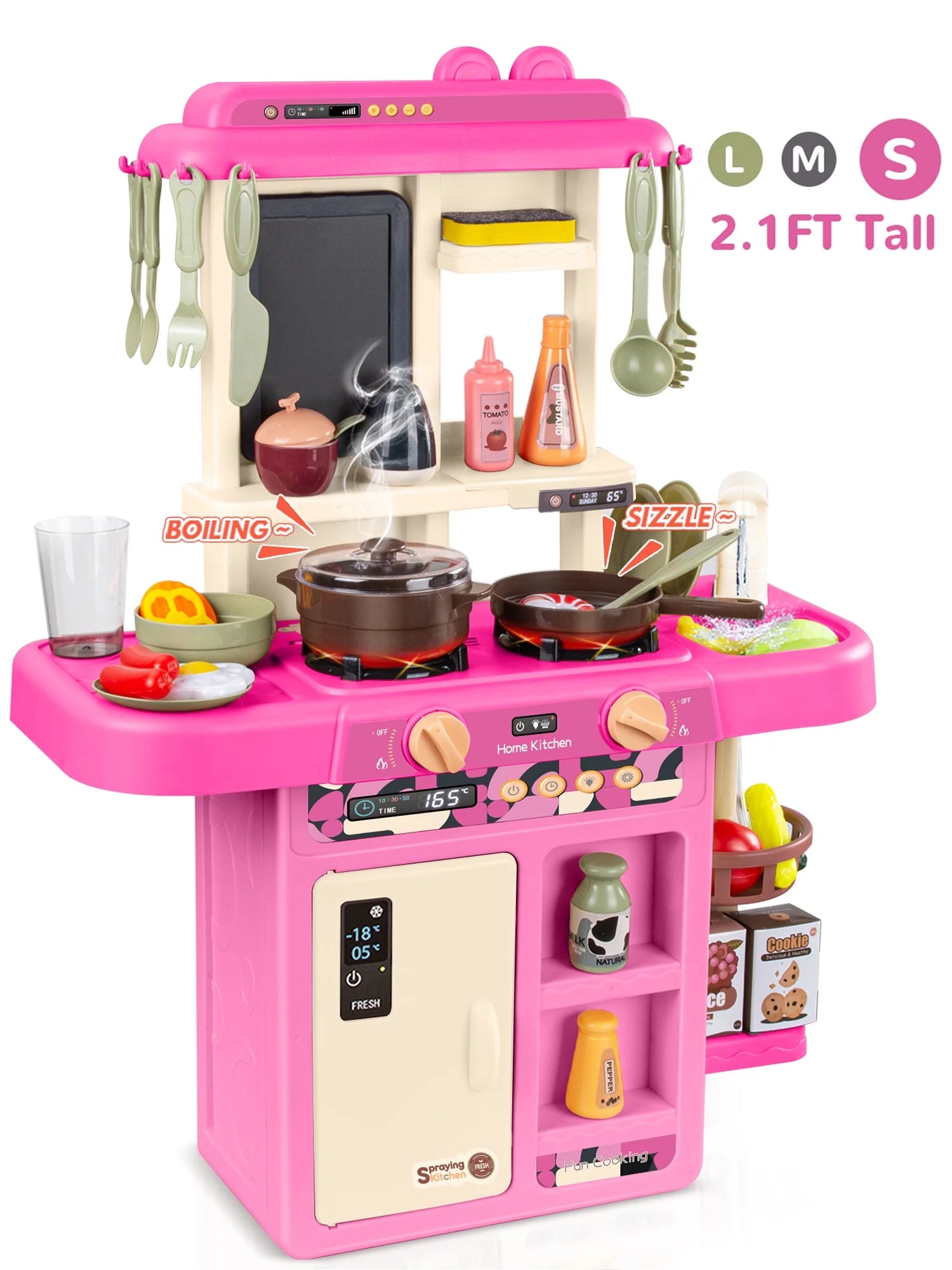 Play Kitchen Set for Kids, 2.1FT Tall Kids Play Kitchen with Realistic Lights and Sounds, Simulation of Spray, 42Pcs Toy Kitchen Set for Toddlers Girls Boys Gift - Small (Pink)