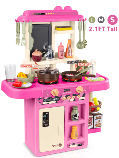 Play Kitchen Set for Kids, 2.1FT Tall Kids Play Kitchen with Realistic Lights and Sounds, Simulation of Spray, 42Pcs Toy Kitchen Set for Toddlers Girls Boys Gift - Small (Pink)
