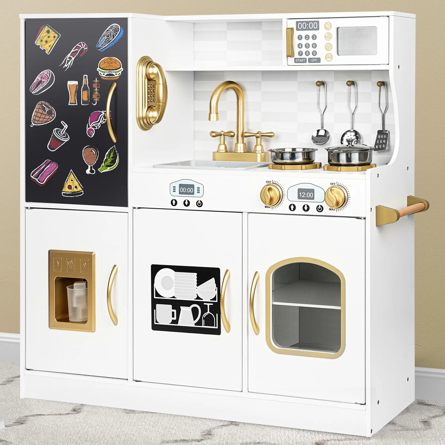 Play Kitchen, Wooden  with Chalkboard, Ice Maker, Play Phone, Cookware Accessories, Microwave Toy Kitchen Gift for Boys Girls Age 3-8 White