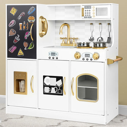 Play Kitchen, Wooden  with Chalkboard, Ice Maker, Play Phone, Cookware Accessories, Microwave Toy Kitchen Gift for Boys Girls Age 3-8 White