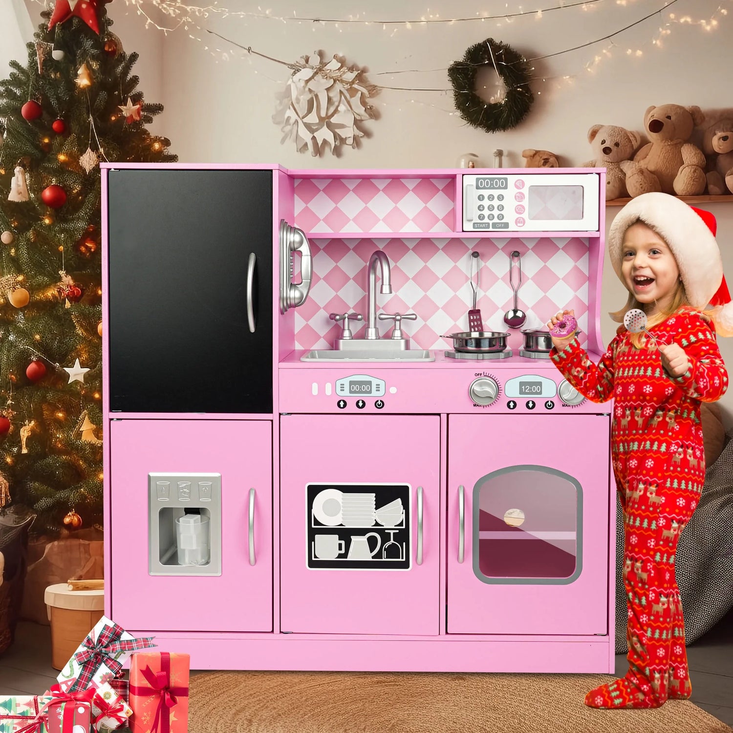 Play Kitchen, Wooden  with Chalkboard, Ice Maker, Play Phone, Cookware Accessories, Microwave Toy Kitchen Gift for Boys Girls Age 3-8 Pink