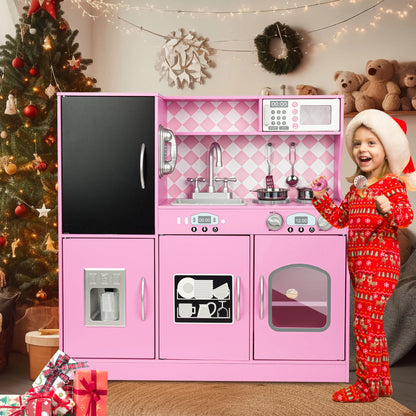 Play Kitchen, Wooden  with Chalkboard, Ice Maker, Play Phone, Cookware Accessories, Microwave Toy Kitchen Gift for Boys Girls Age 3-8 Pink