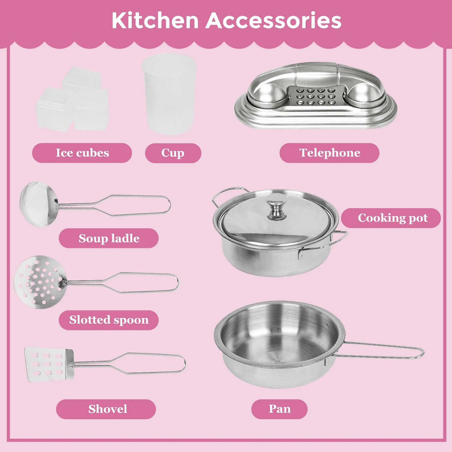 Play Kitchen, Wooden  with Chalkboard, Ice Maker, Play Phone, Cookware Accessories, Microwave Toy Kitchen Gift for Boys Girls Age 3-8 Pink