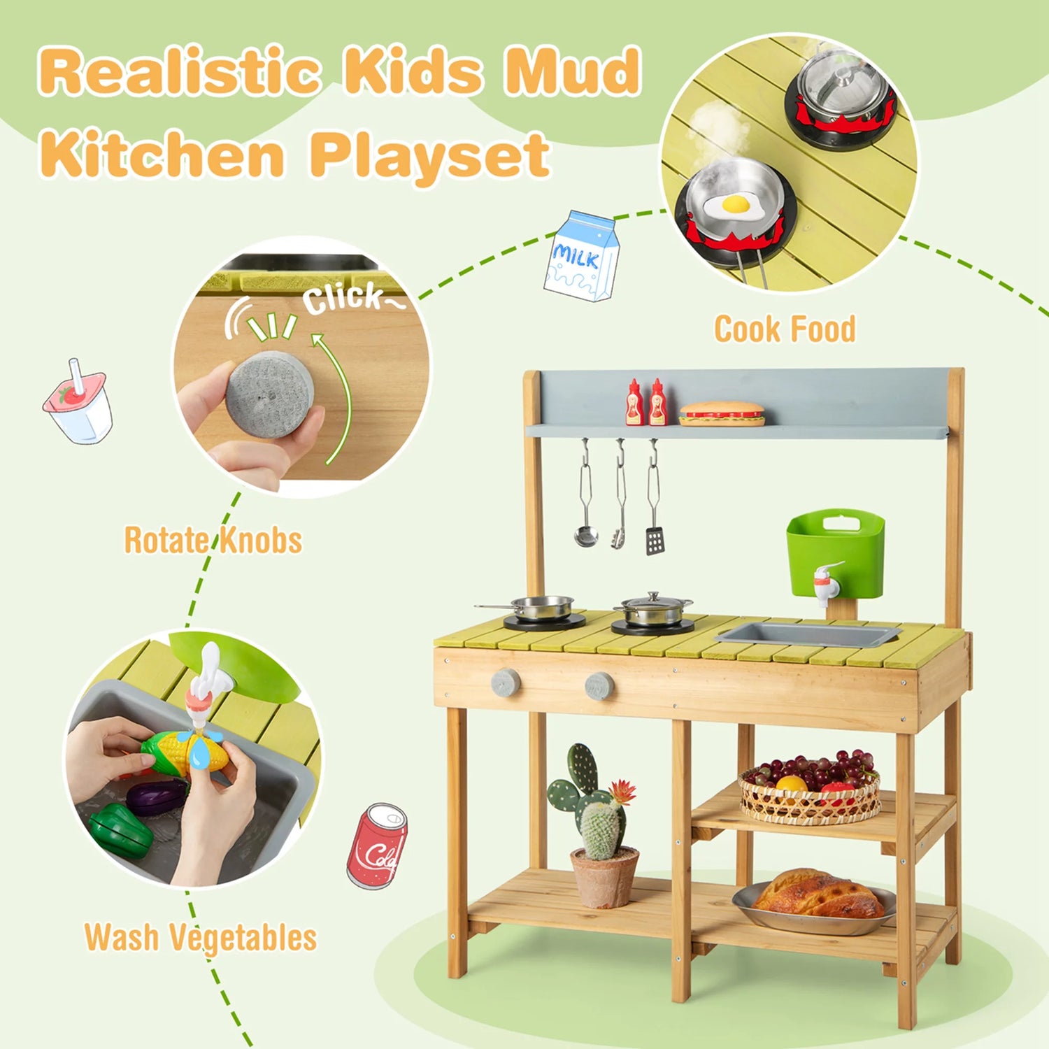Outdoor Mud Kitchen Set, Outdoor Play Kitchen Set with Removable Water Box