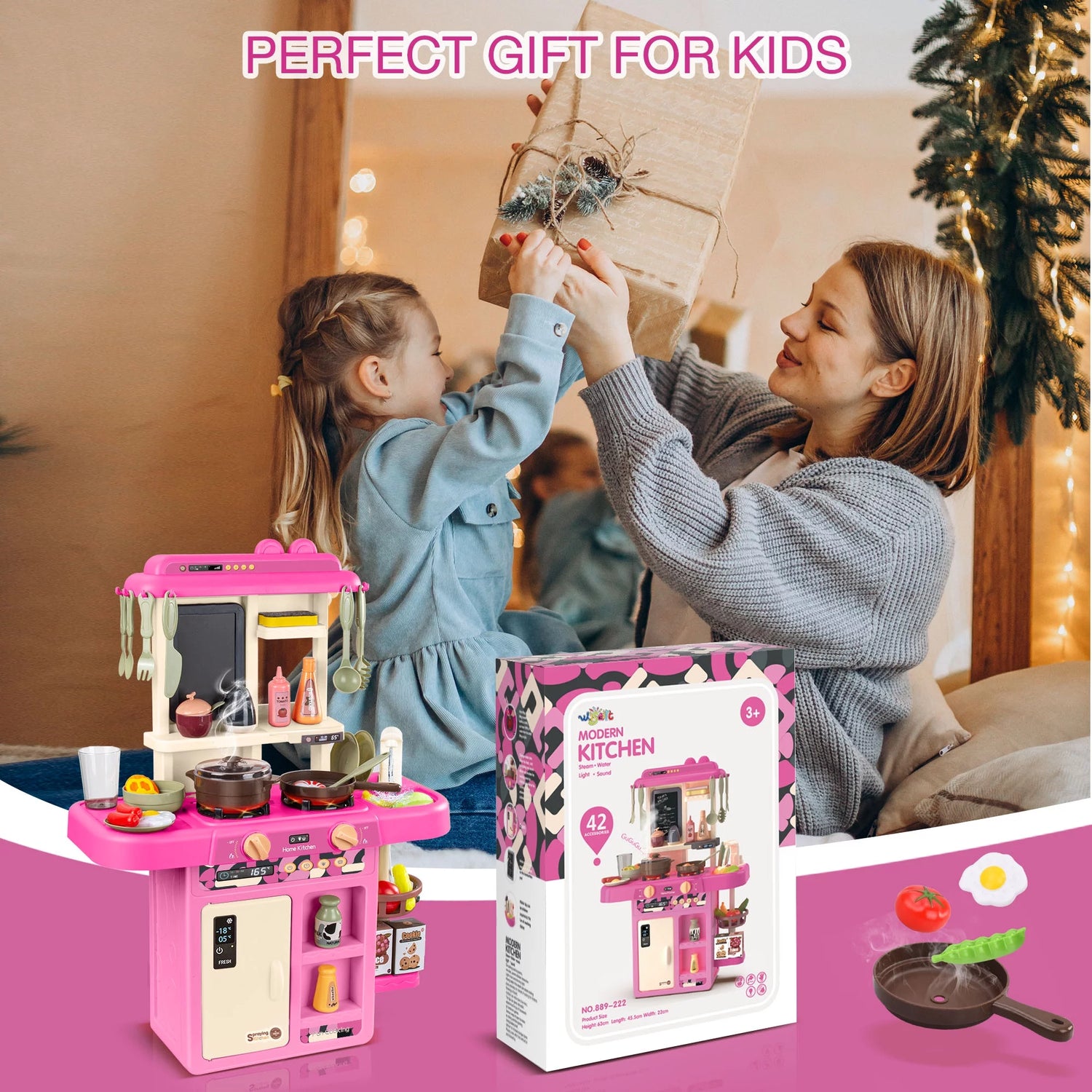 Play Kitchen Set for Kids, 2.1FT Tall Kids Play Kitchen with Realistic Lights and Sounds, Simulation of Spray, 42Pcs Toy Kitchen Set for Toddlers Girls Boys Gift - Small (Pink)