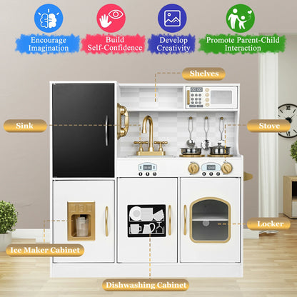 Play Kitchen, Wooden  with Chalkboard, Ice Maker, Play Phone, Cookware Accessories, Microwave Toy Kitchen Gift for Boys Girls Age 3-8 White