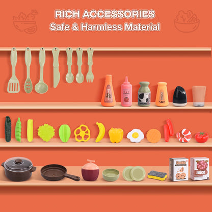 Play Kitchen Set for Kids, 2.1FT Tall Kids Play Kitchen with Realistic Lights and Sounds, Simulation of Spray, 42Pcs Toy Kitchen Set for Toddlers Girls Boys Gift - Small (Orange Red)