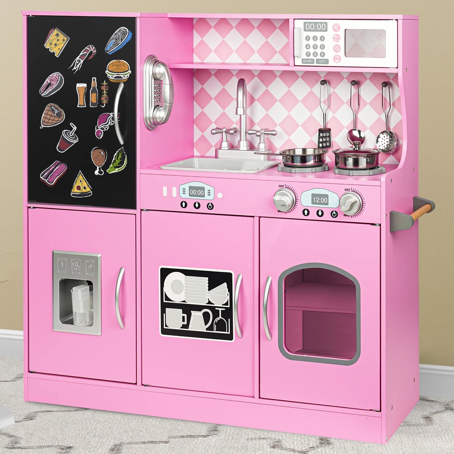 Play Kitchen, Wooden  with Chalkboard, Ice Maker, Play Phone, Cookware Accessories, Microwave Toy Kitchen Gift for Boys Girls Age 3-8 Pink