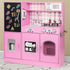 Play Kitchen, Wooden  with Chalkboard, Ice Maker, Play Phone, Cookware Accessories, Microwave Toy Kitchen Gift for Boys Girls Age 3-8 Pink