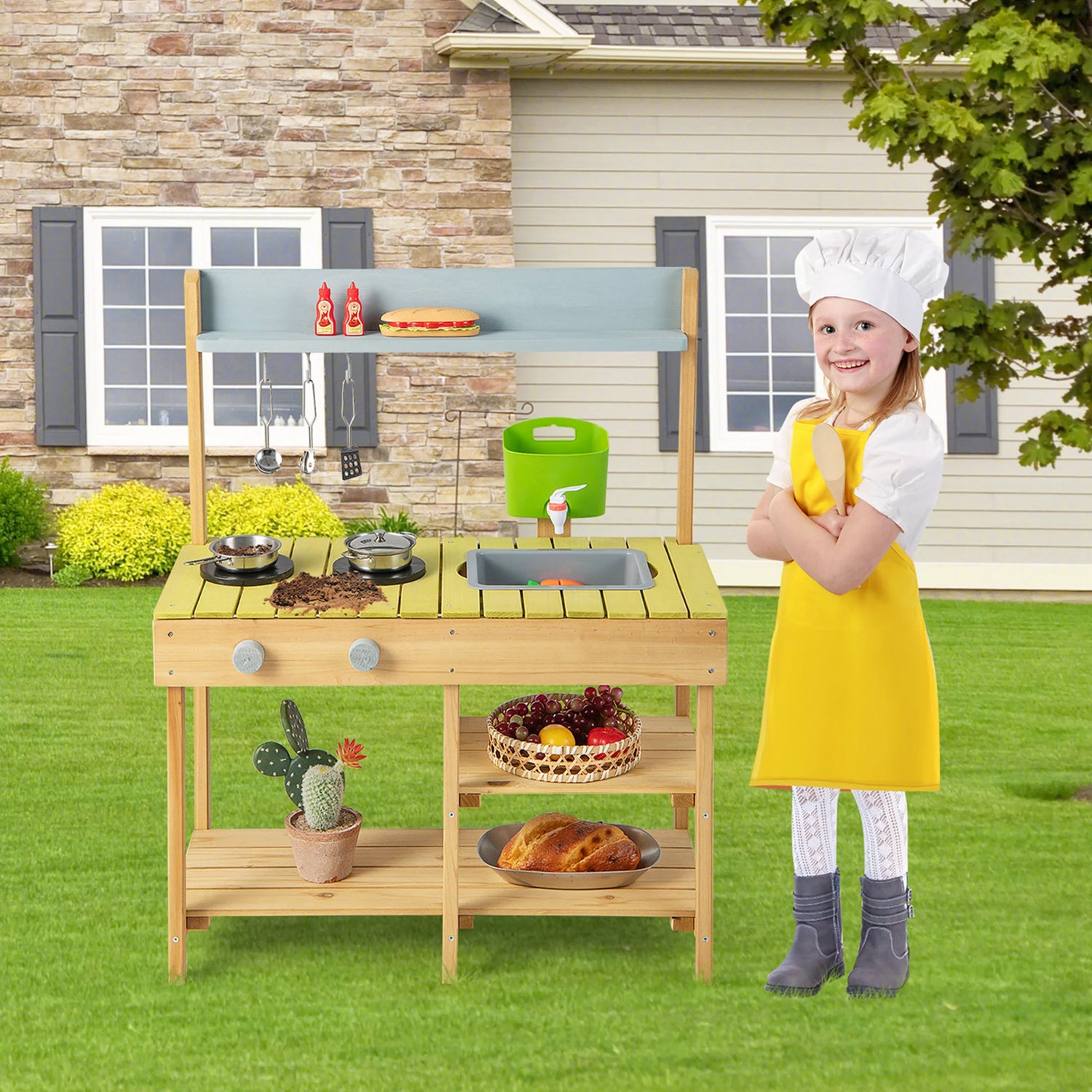 Outdoor Mud Kitchen Set, Outdoor Play Kitchen Set with Removable Water Box