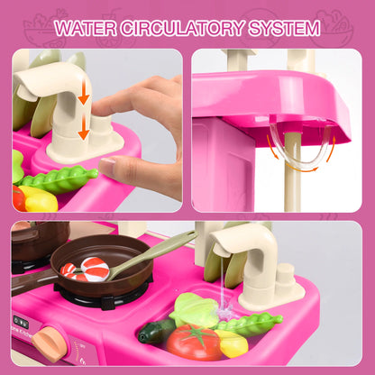 Play Kitchen Set for Kids, 2.1FT Tall Kids Play Kitchen with Realistic Lights and Sounds, Simulation of Spray, 42Pcs Toy Kitchen Set for Toddlers Girls Boys Gift - Small (Pink)