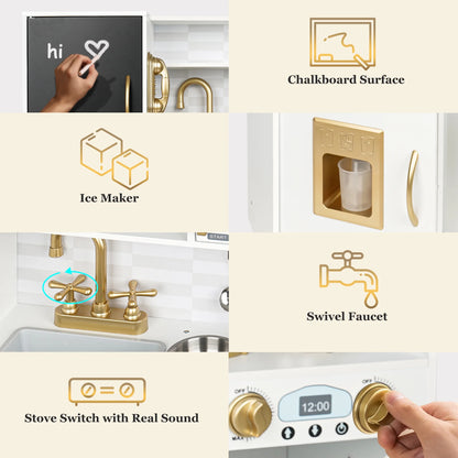 Play Kitchen, Wooden  with Chalkboard, Ice Maker, Play Phone, Cookware Accessories, Microwave Toy Kitchen Gift for Boys Girls Age 3-8 White