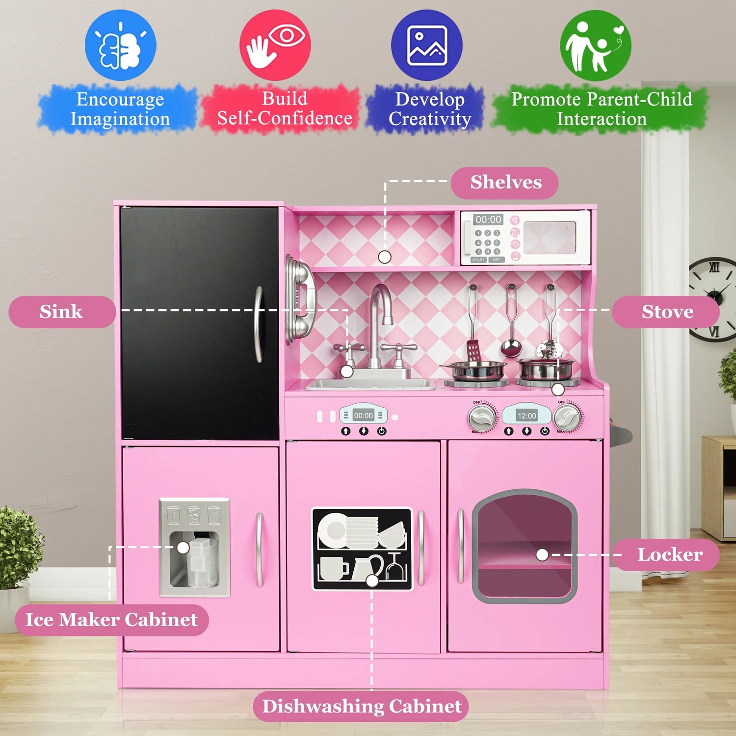 Play Kitchen, Wooden  with Chalkboard, Ice Maker, Play Phone, Cookware Accessories, Microwave Toy Kitchen Gift for Boys Girls Age 3-8 Pink