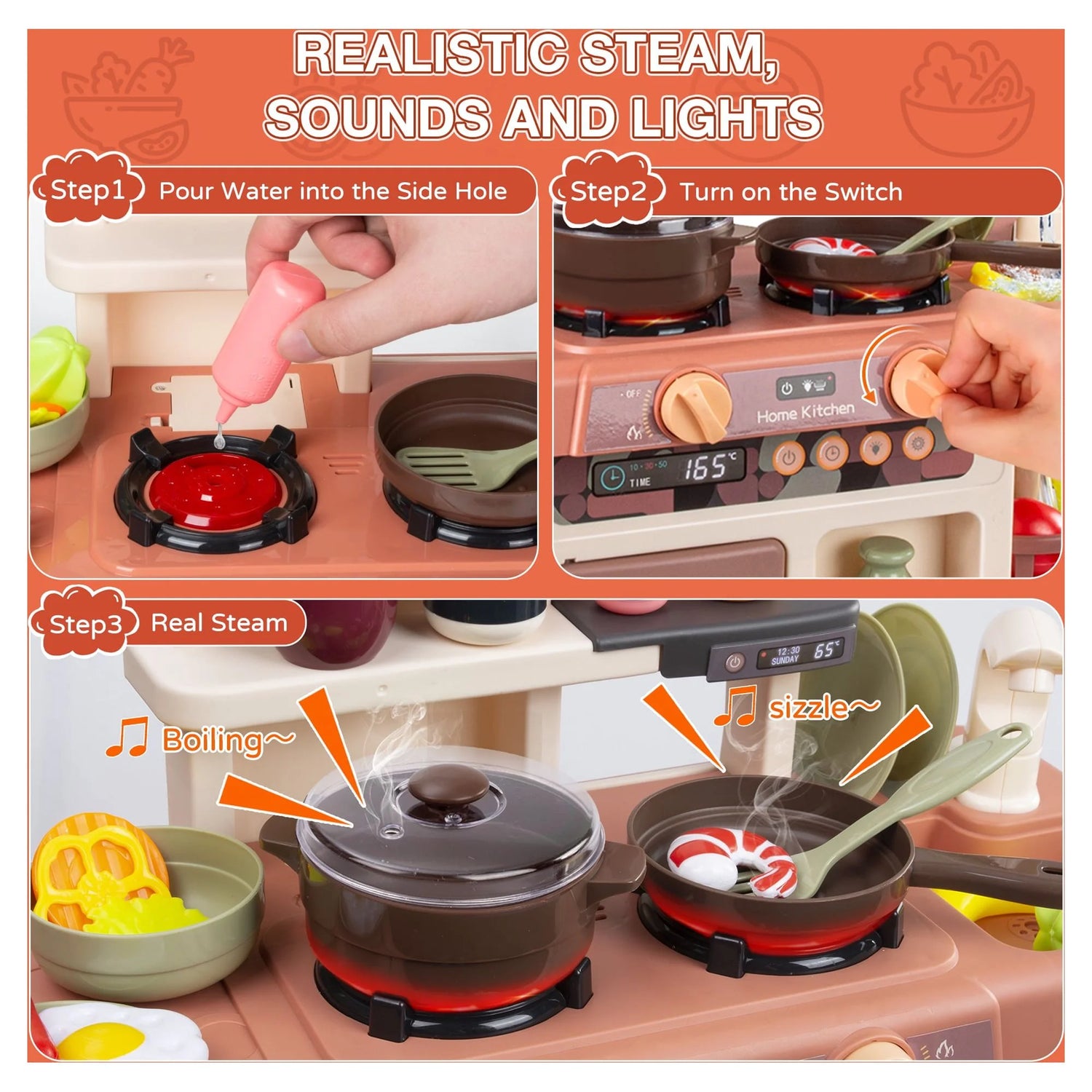 Play Kitchen Set for Kids, 2.1FT Tall Kids Play Kitchen with Realistic Lights and Sounds, Simulation of Spray, 42Pcs Toy Kitchen Set for Toddlers Girls Boys Gift - Small (Orange Red)