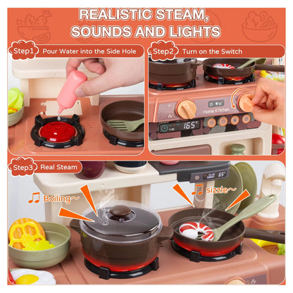 Play Kitchen Set for Kids, 2.1FT Tall Kids Play Kitchen with Realistic Lights and Sounds, Simulation of Spray, 42Pcs Toy Kitchen Set for Toddlers Girls Boys Gift - Small (Orange Red)