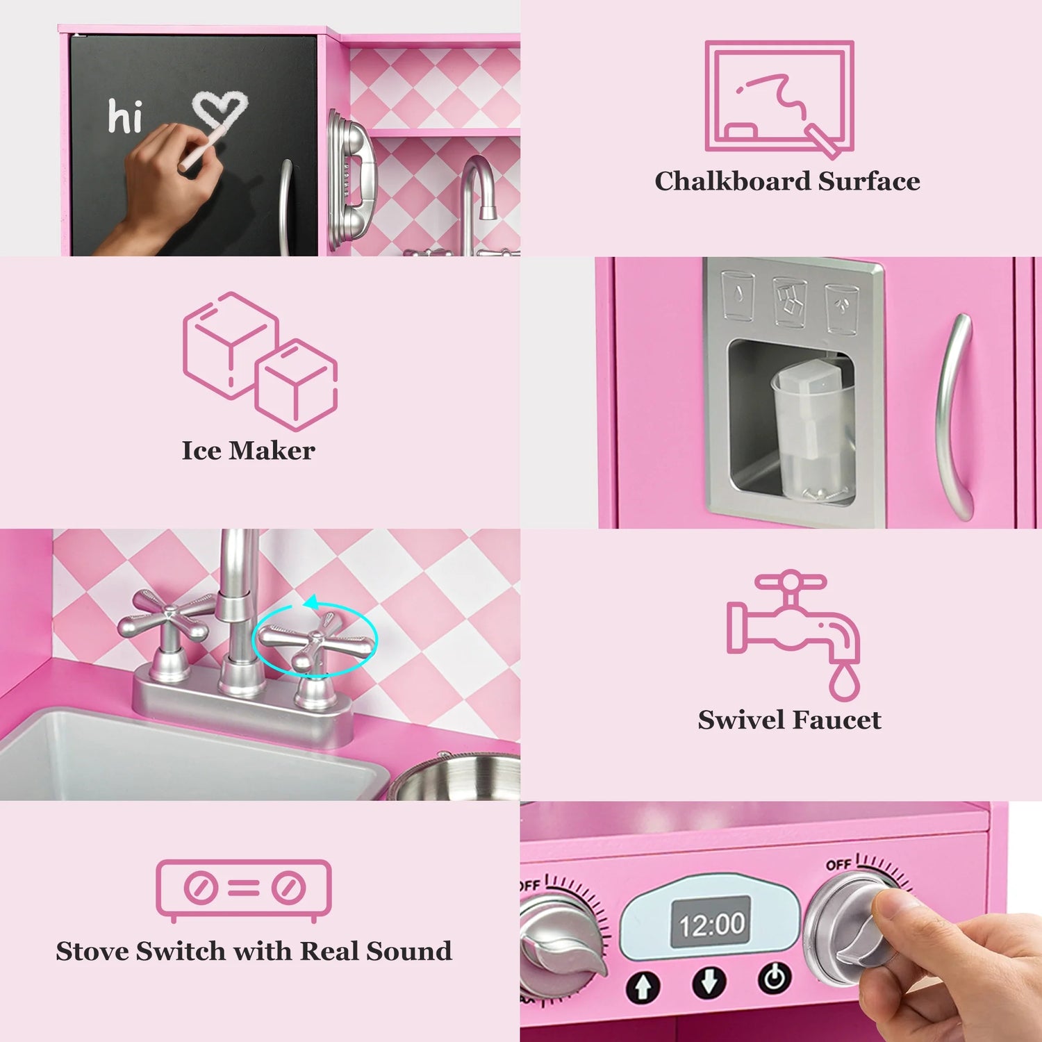 Play Kitchen, Wooden  with Chalkboard, Ice Maker, Play Phone, Cookware Accessories, Microwave Toy Kitchen Gift for Boys Girls Age 3-8 Pink