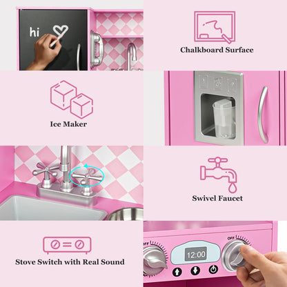 Play Kitchen, Wooden  with Chalkboard, Ice Maker, Play Phone, Cookware Accessories, Microwave Toy Kitchen Gift for Boys Girls Age 3-8 Pink